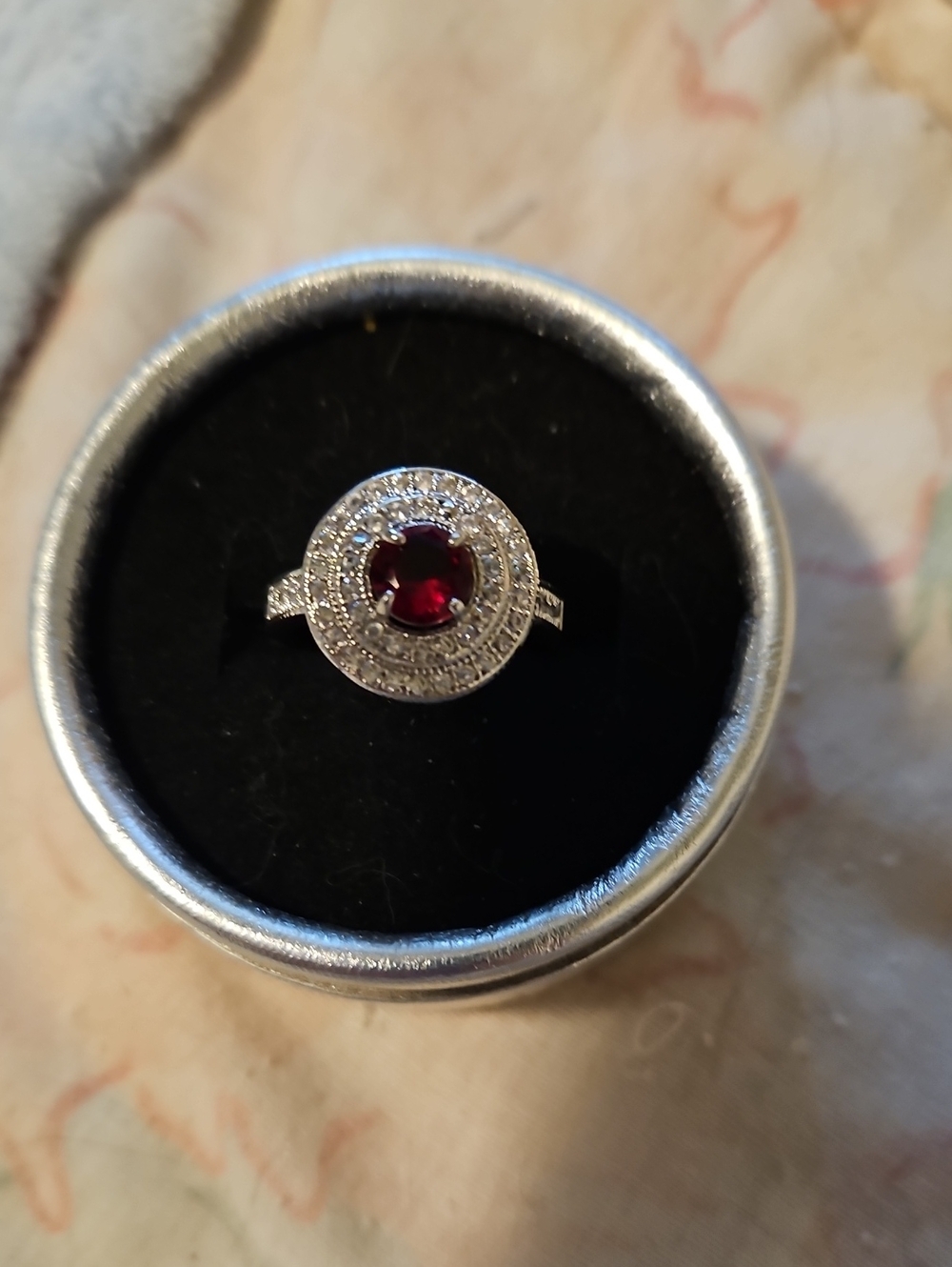 BRAND NEW ** Silver Ring with Red Center Stone and Halo Accents
